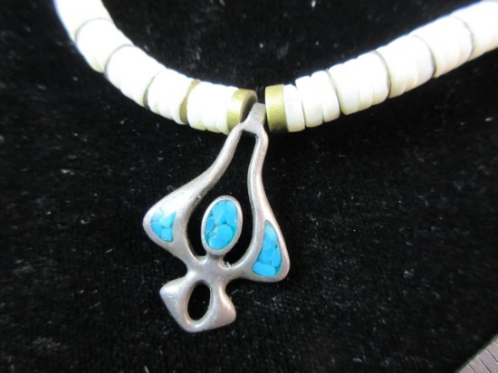 Turquoise Stone Pendant Sterling Silver Set with White Bead Accent Necklace