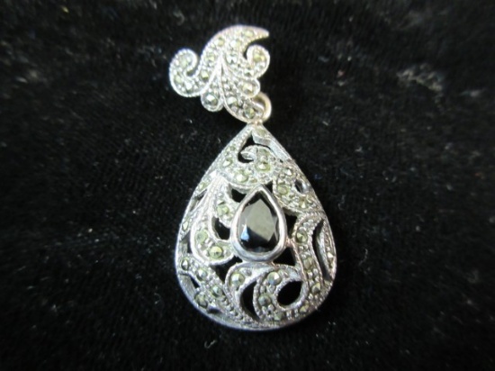 Vintage Garnet Gemstone Sterling Silver Marcasite Accent Pendant