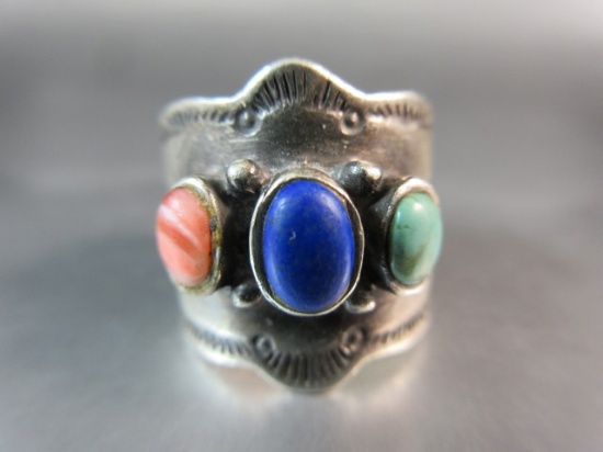 Lapis Coral and Turquoise Stone Sterling Silver Ring Native American