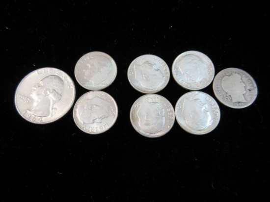 1 Silver Quarter and 7 Silver Dimes One is a Barber lot