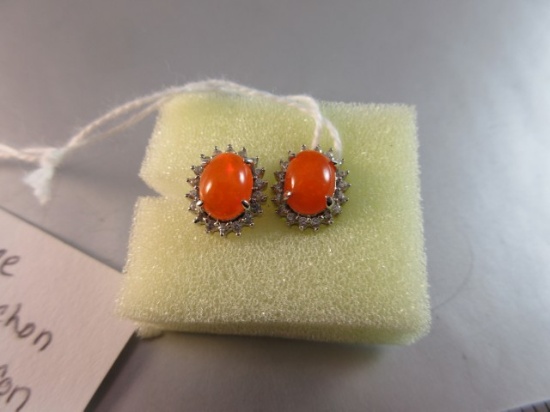 Orange Cabochon White Zircon 925 Silver Earrings