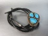 Vintage Sterling Silver Old Pawn Turquoise Stone Leather Bolo