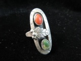 Hand Scribed Vintage Native American Coral and Turquoise Stone Ring