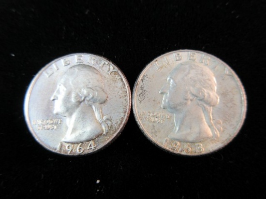 Lot of Two 1963-1964 Nice Washington Silver Quarters