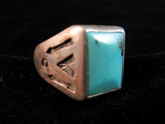 Old Pawn Native American Sterling Silver Turquoise Stone Ring