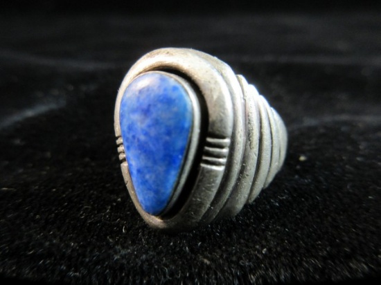 Vintage Lapis Stone Sterling Silver Native American Ring Hand Scribed