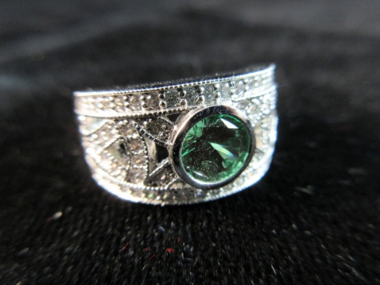 Green Center Stone .925 Silver CZ Stone Accent Ring