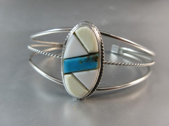 Sterling Silver Inlay Natural Stone Cuff Bracelet