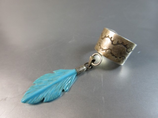 Carved Feather Turquoise Stone Sterling Silver Vintage Ear Cuff Dangle