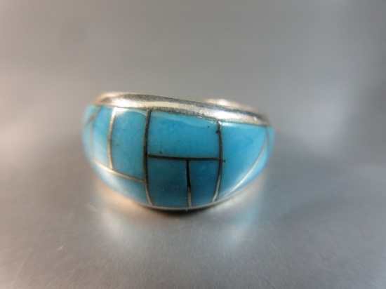 Turquoise Stone Pattern Inset Sterling Silver Ring Signed With a Feather
