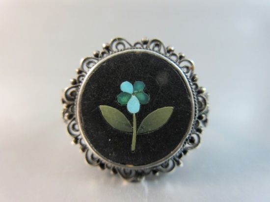 Vintage Flower Themed Inlay Sterling Silver Ring