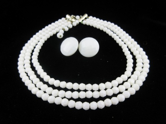 Vintage milk glass bead necklace and earring set