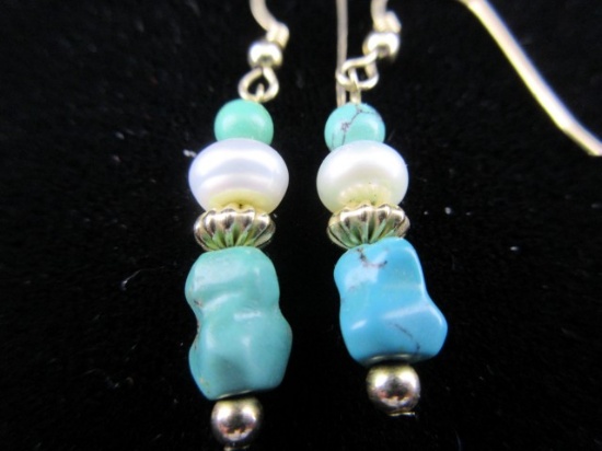 Turquoise and pearl sterling silver earrings