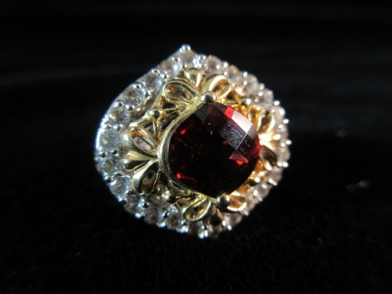 Sterling Silver Red Center Stone Cocktail Ring Gold Accent