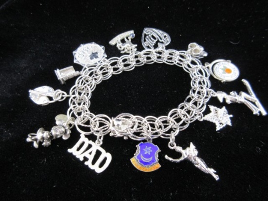 Sterling Silver Charm Bracelet with Many Charms including Disney