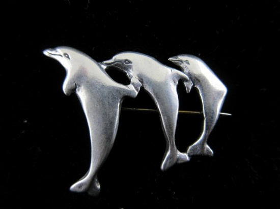 Sterling Silver Dolphin Themed Vintage Pin Mex