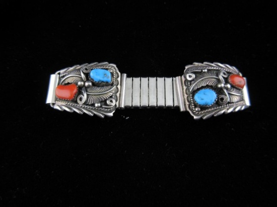 Vintage Native American Sterling Silver Mans Watch Band Turquoise and Coral
