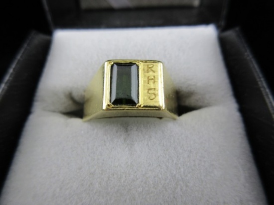 18K Gold Green Center Stone Mans Monogrammed Ring