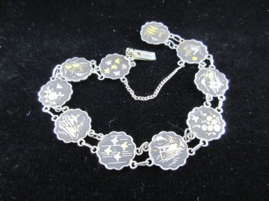 Sterling Silver Amita Japan 2 Sided Etched Vintage Bracelet