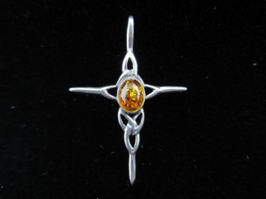 Genuine Amber Sterling Silver Cross Pendant.