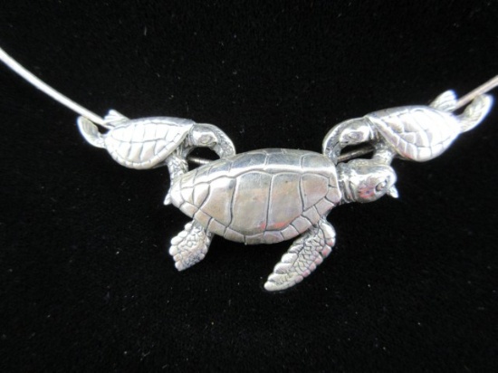 Crafted In Thailand Sterling Silver Themed Turtle Pendant with Omega Sterli