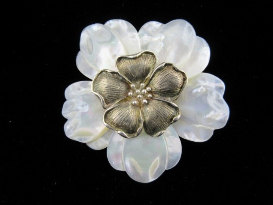 Sterling Silver Mother Of Pearl Flower 2” Pendant or Pin