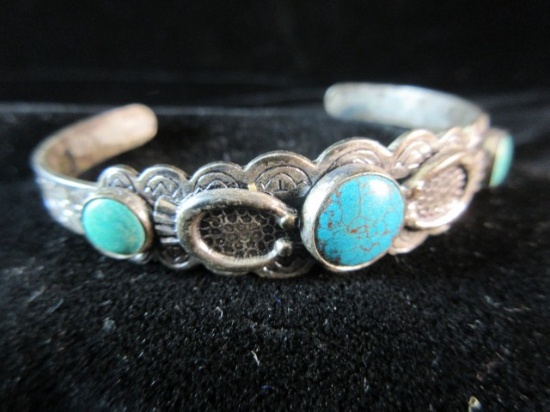 Vintage Turquoise Stone Silver Cuff Bracelet