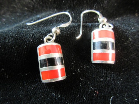 Red and Black Inlay Sterling Silver Earrings