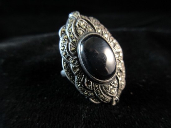 Vintage Black Onyx Center Stone Markasite Accent (missing few) Sterling Sil