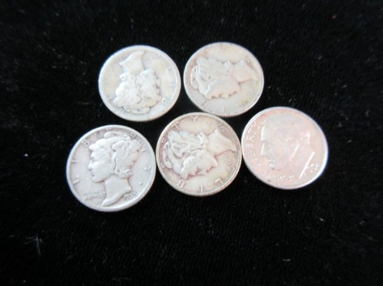 Lot of Five Silver Dimes 4 Mercury and 1 Eisenhour