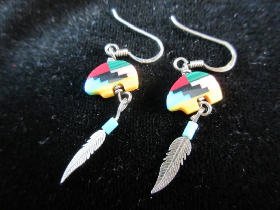 Native American Inlay Bear Themed Sterling Silver Earrings