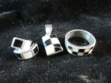 Set: Vintage Sterling Silver Checker Style Ring. Pendant, and Earrings