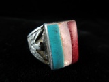 Very Vintage Sterling Silver Red white and Blue Stone Ring