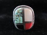 Signature Native American Sterling Silver Multi Inlay Stone Ring