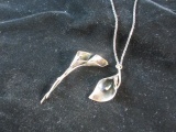 Set: Vintage NYE Sterling Silver Flower Pin, Pendant and Necklace