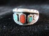 Old Pawn Native American Sterling Silver Coral and Turquoise Stone Ring