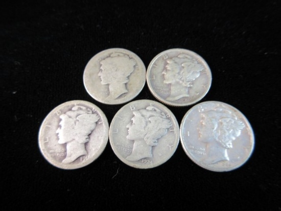 Lot of Five Mercury Dimes As Shown