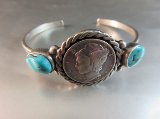 Silver Mercury Dime and Turquoise Stone Vintage Sterling Silver Cuff Bracel