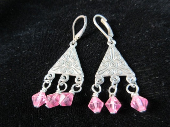 Sterling Silver Pink Crystal Dangle Earrings