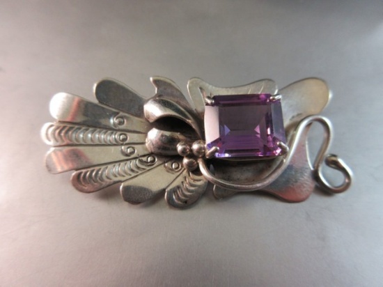 Large Amethyst Gemstone Sterling Silver Pin/Broach SIGNED