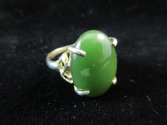 Large Jade Stone Sterling Silver Gold overlay Ring
