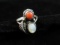Vintage Coral and Mother of Pearl Inlay Sterling Silver Ring