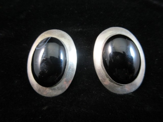 Signed With a B Sterling Silver Large Black Stone Earrings