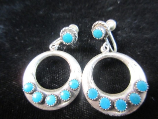 Vintage Native American Sterling Silver Turquoise Stone Earrings