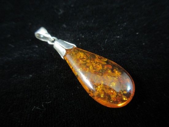 Large Amber Stone Sterling Silver Pendant