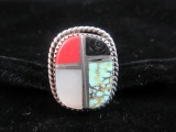 Sterling Silver Vintage Native American Multi Stone Inlay Ring