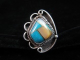 Sterling Silver Vintage Native American LS Multi Stone Inlay Ring