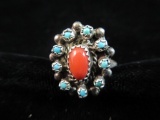 Coral and Turquoise Stone Sterling Silver Native American Ring