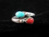 Vintage Coral and Turquoise Stone Sterling Silver Ring