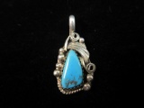 Hand Scribed Sterling Silver Native American Vintage Turquoise Stone Pendan